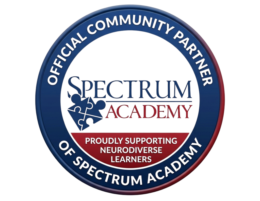A circular blue and red badge featuring the text 'OFFICIAL COMMUNITY PARTNER OF SPECTRUM ACADEMY' and 'PROUDLY SUPPORTING NEURODIVERSE LEARNERS'.